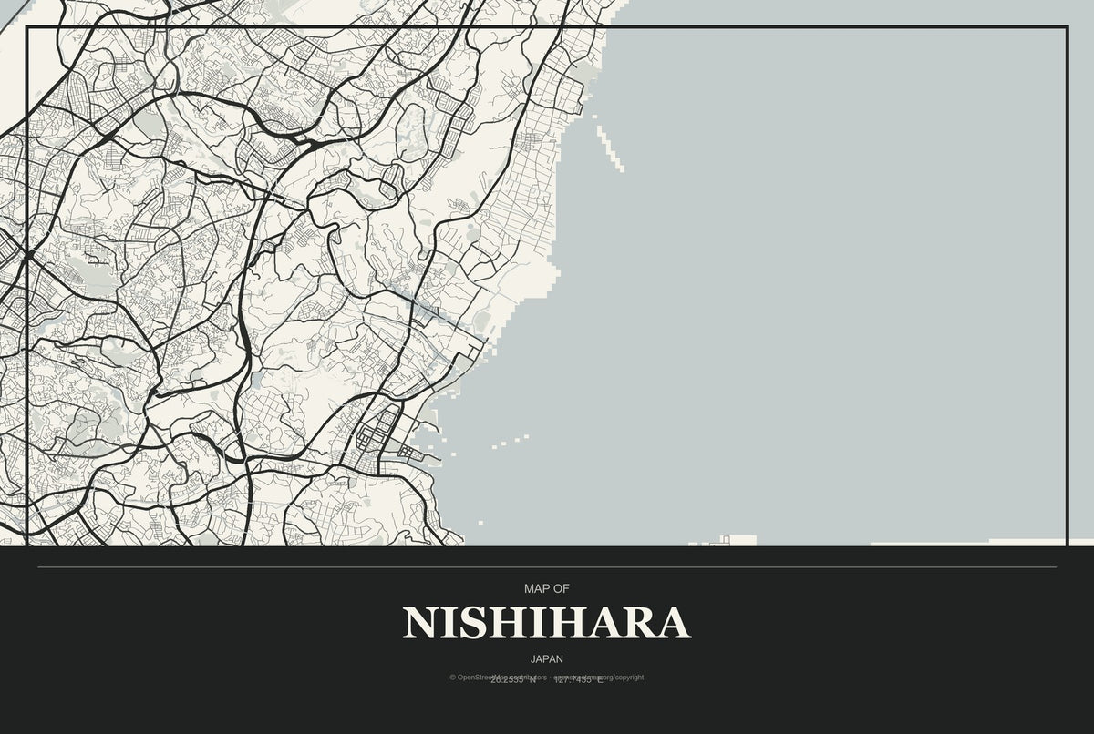 Nishihara, Japan City Map Aluminum Sign in Museum Plaque style
