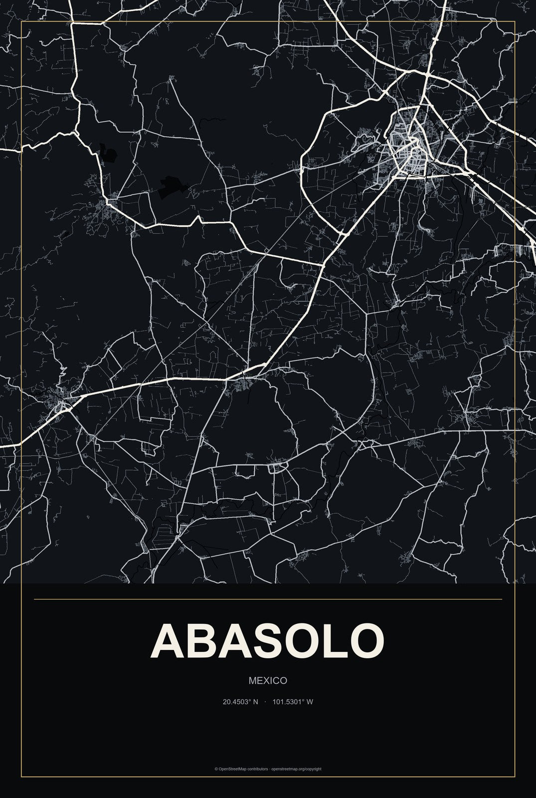 Abasolo, Mexico City Map Aluminum Sign in Metropolitan Noir style