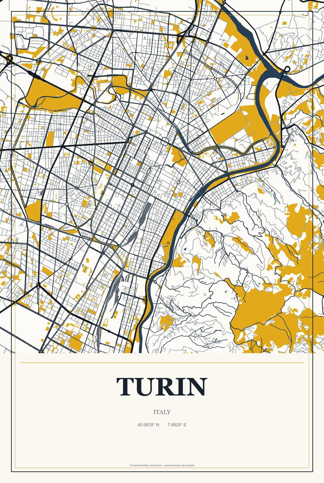 Turin, Italy City Map Aluminum Sign in Citrine Modern style