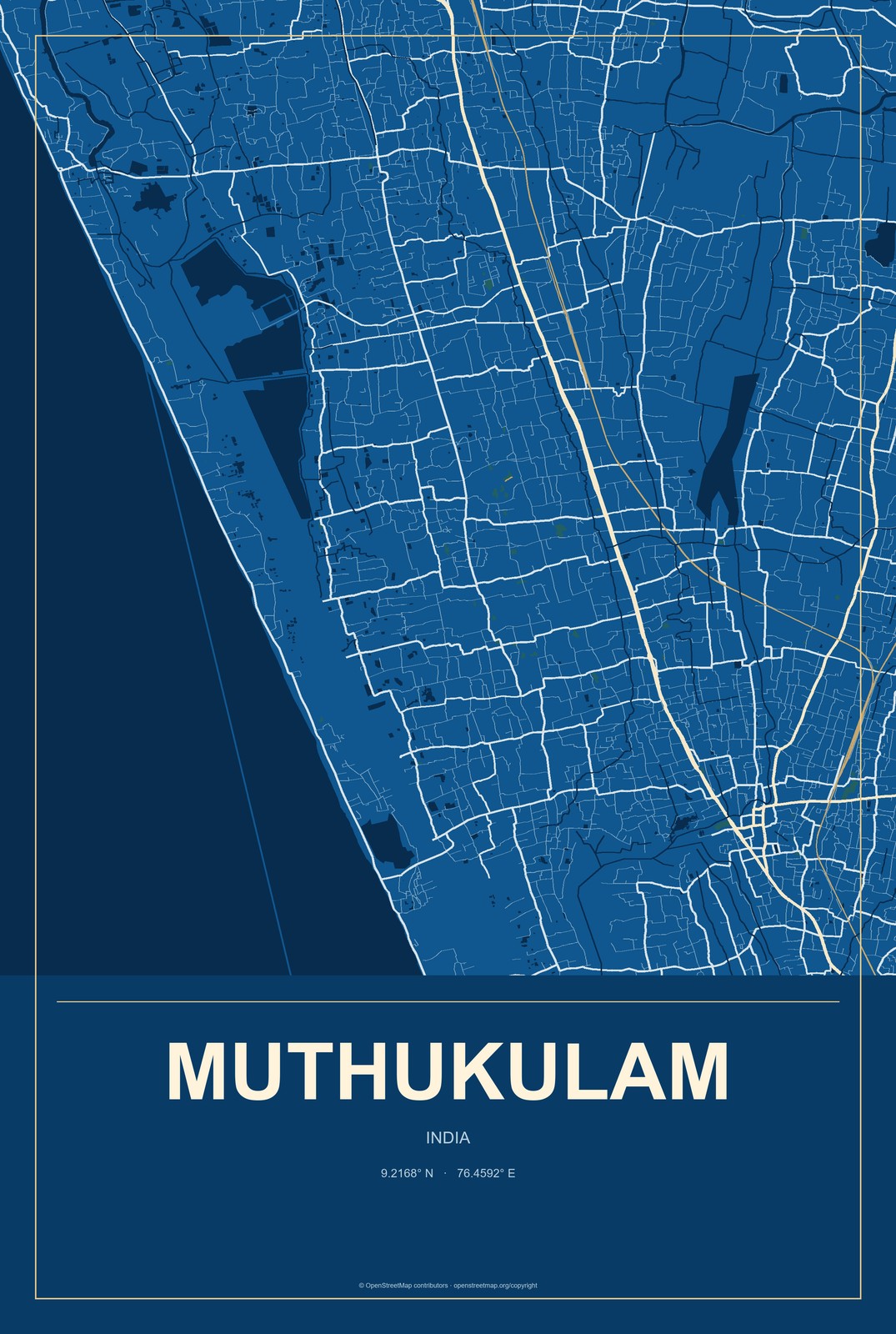 Muthukulam, India City Map Aluminum Sign in Harbor Cobalt style
