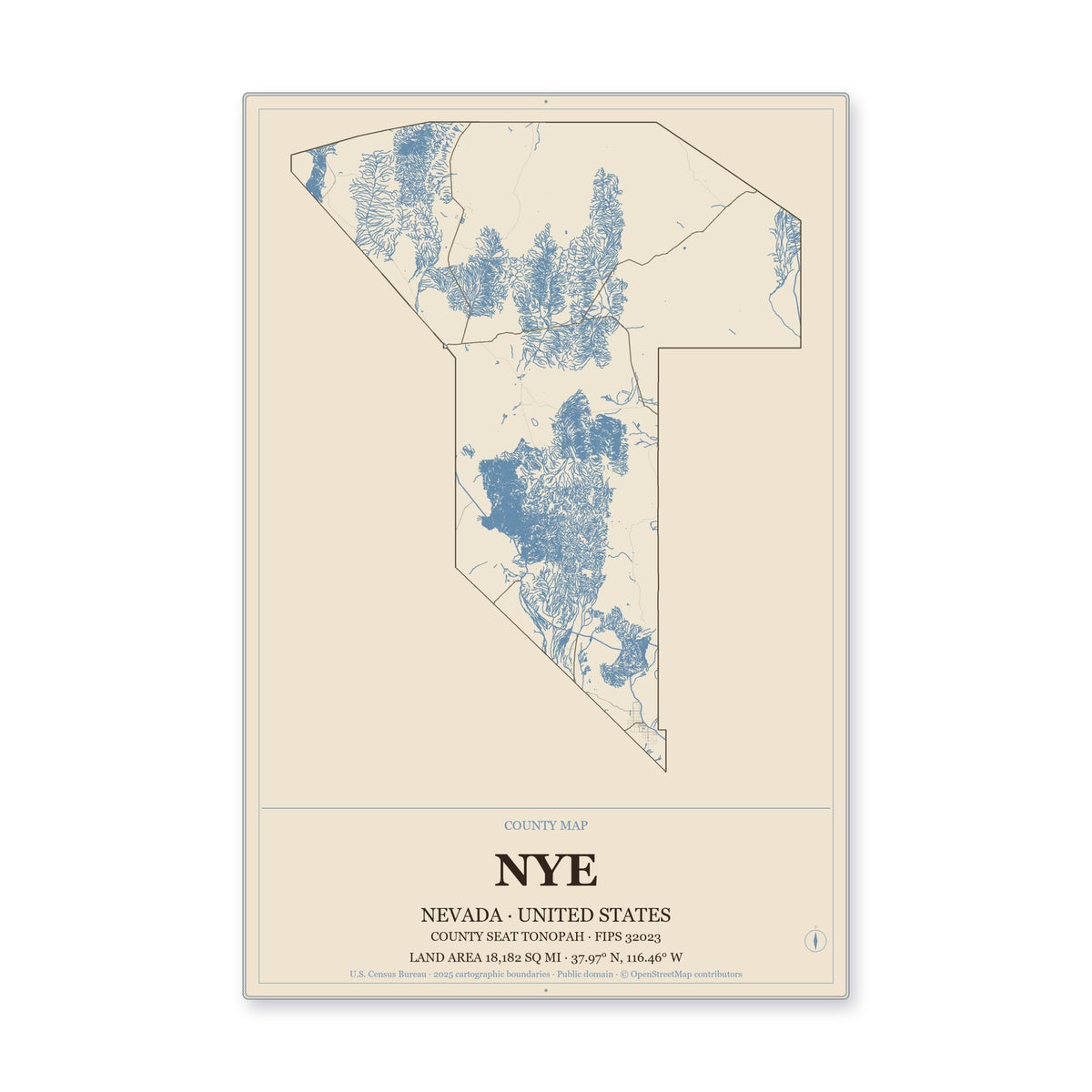 Nye County, Nevada Map Aluminum Sign in Heritage Nautical style