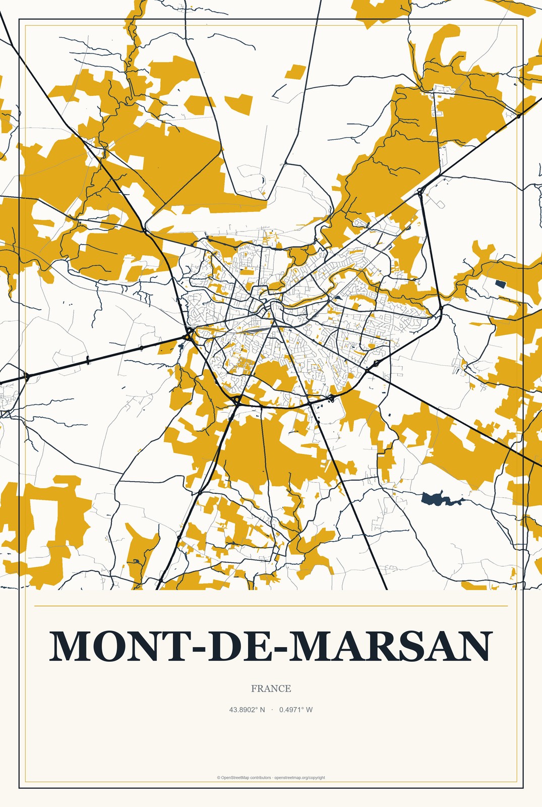 Mont-de-Marsan, France City Map Aluminum Sign in Citrine Modern style