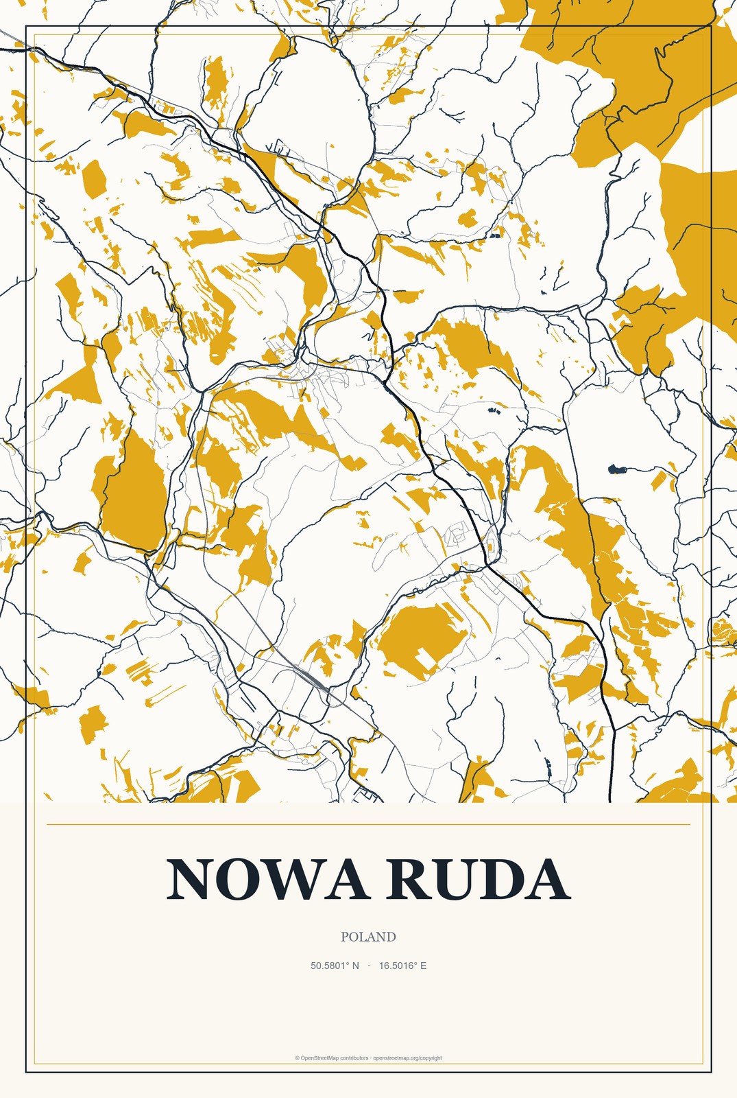 Nowa Ruda, Poland City Map Aluminum Sign in Citrine Modern style