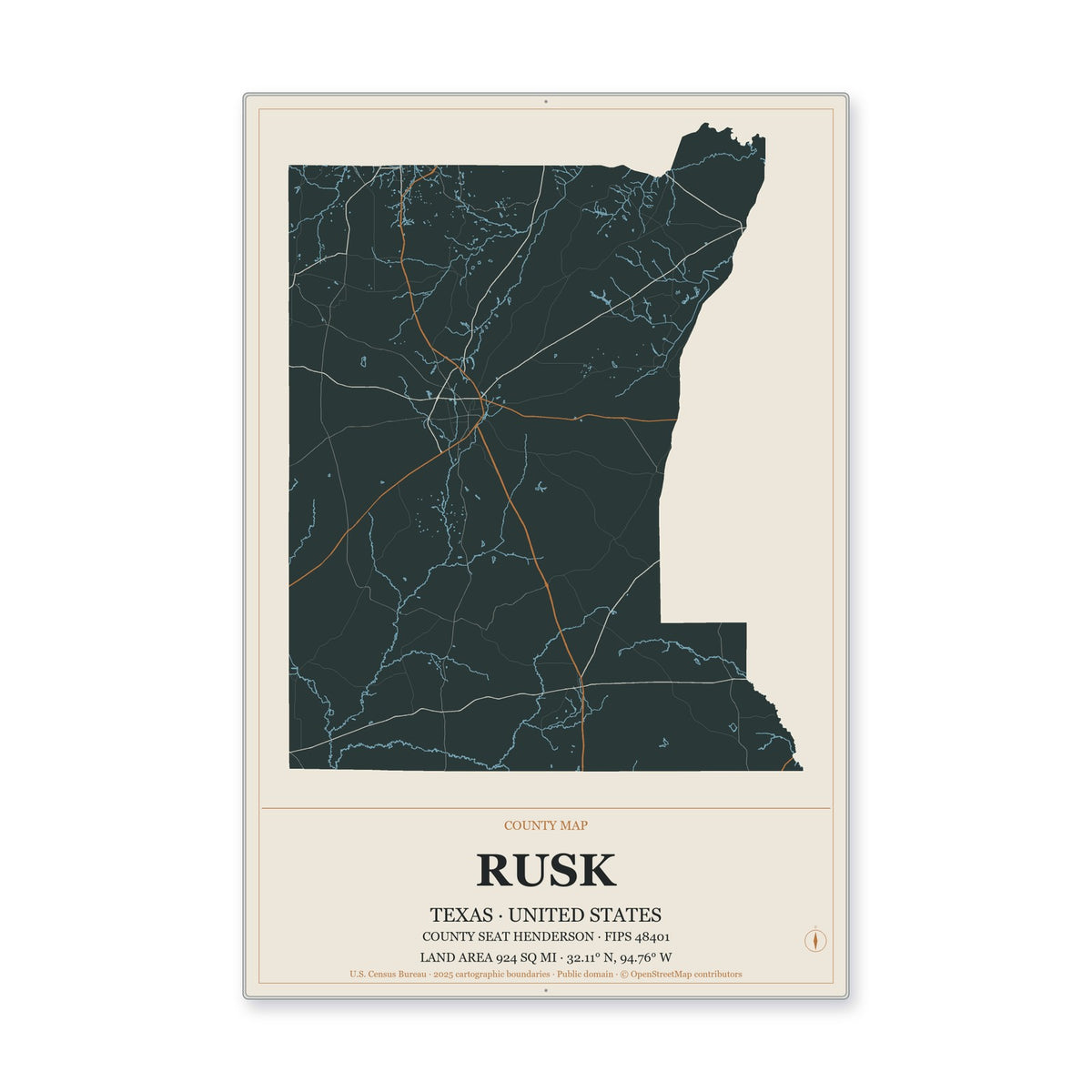 Rusk County, Texas Map Aluminum Sign in Headline Atlas style