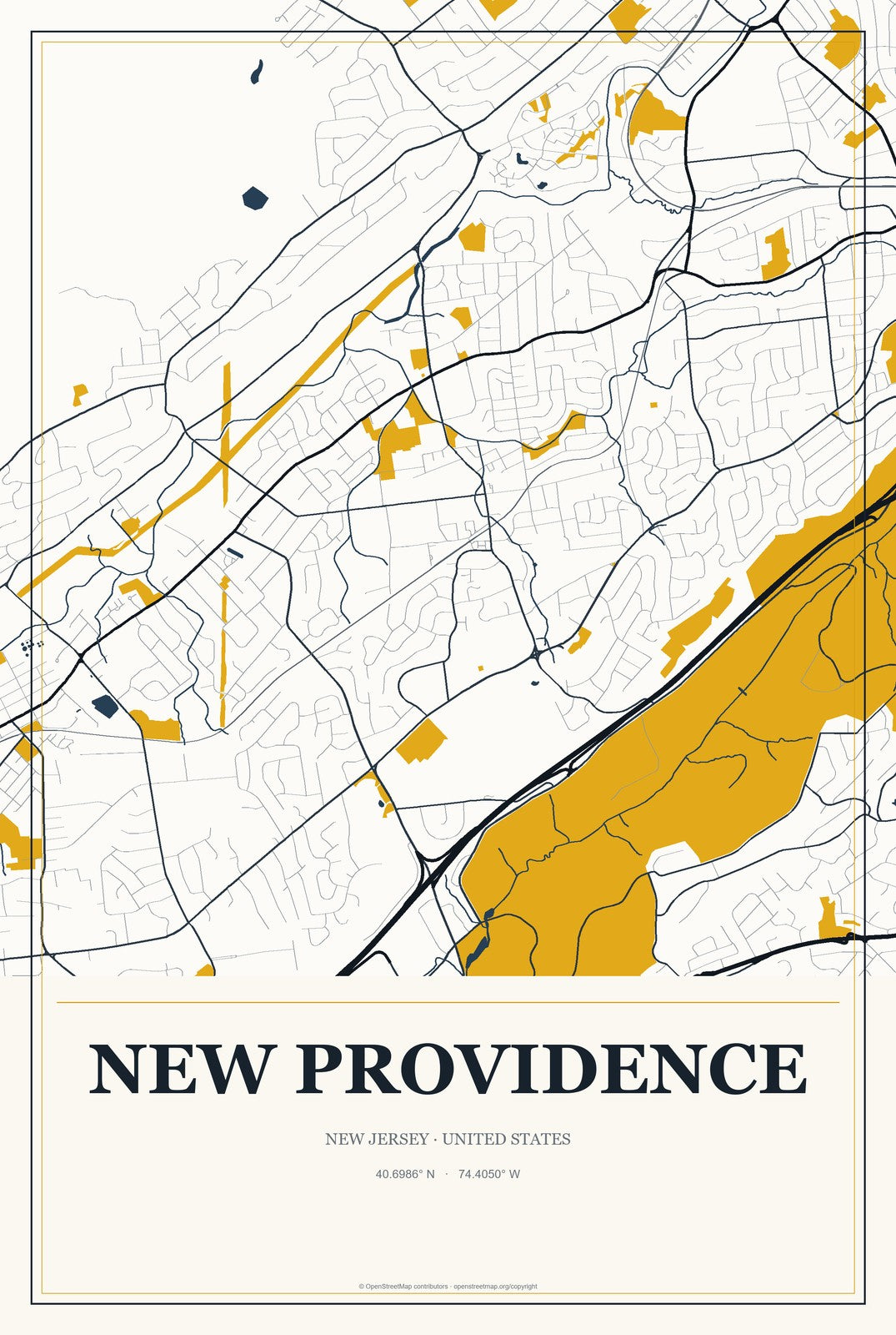 New Providence, New Jersey City Map Aluminum Sign in Citrine Modern style