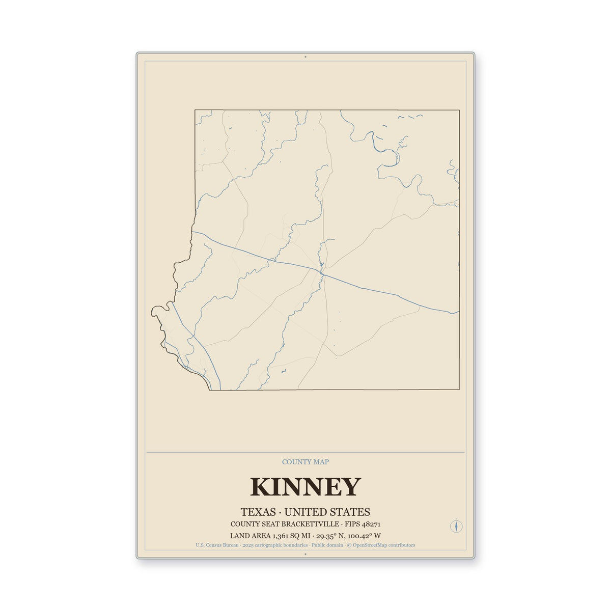 Kinney County, Texas Map Aluminum Sign in Heritage Nautical style