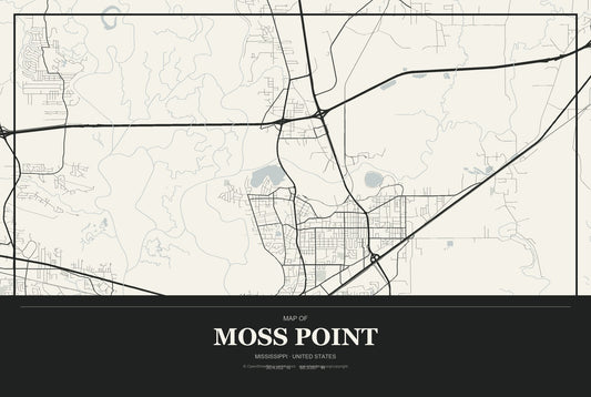Moss Point, Mississippi City Map Aluminum Sign in Museum Plaque style