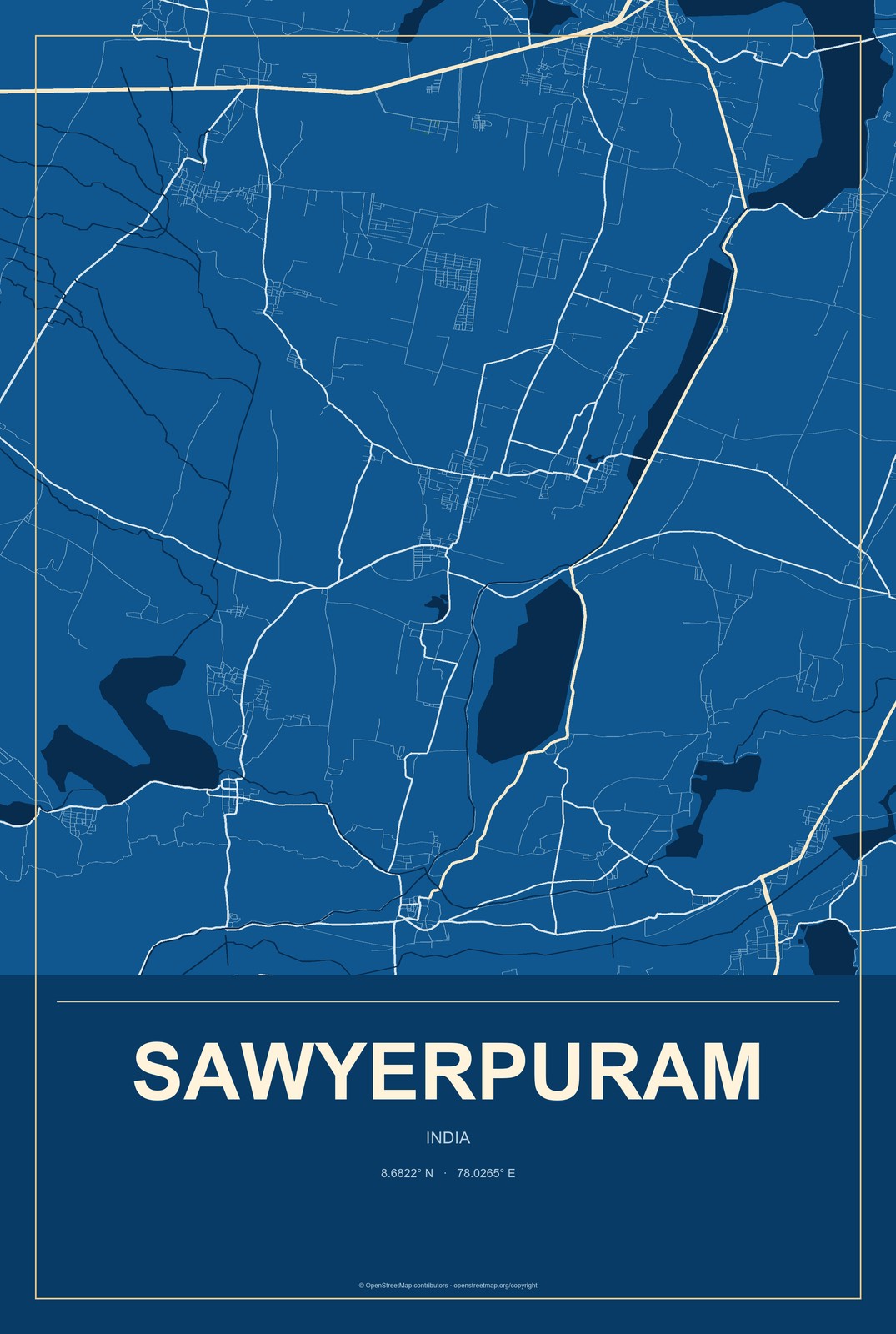 Sawyerpuram, India City Map Aluminum Sign in Harbor Cobalt style