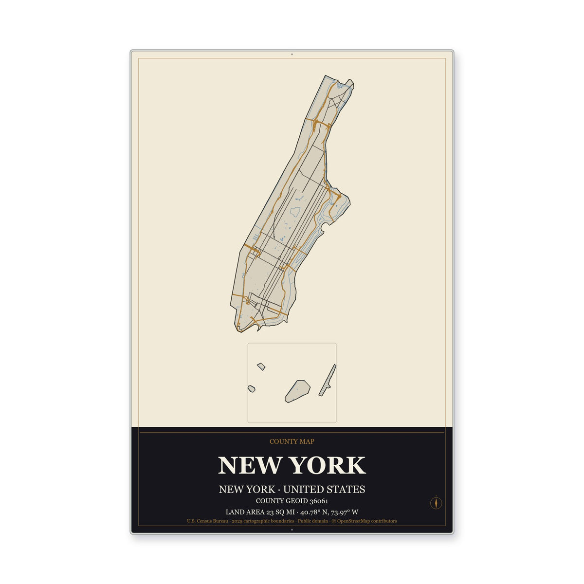 New York County, New York Map Aluminum Sign in Museum Plaque style