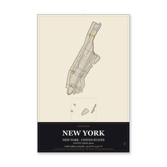 New York County, New York Map Aluminum Sign in Museum Plaque style