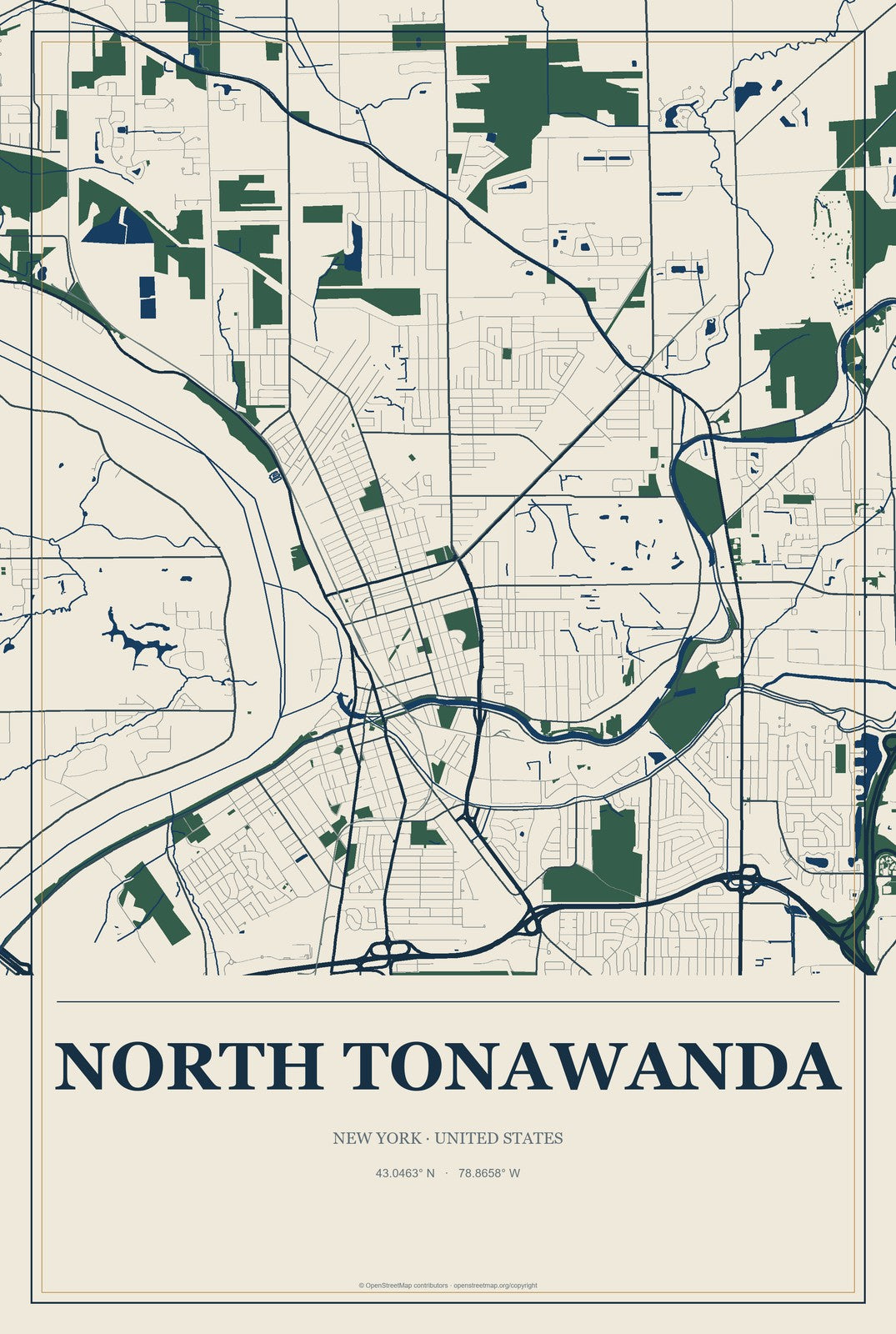 North Tonawanda, New York City Map Aluminum Sign in Coastal Cutout style