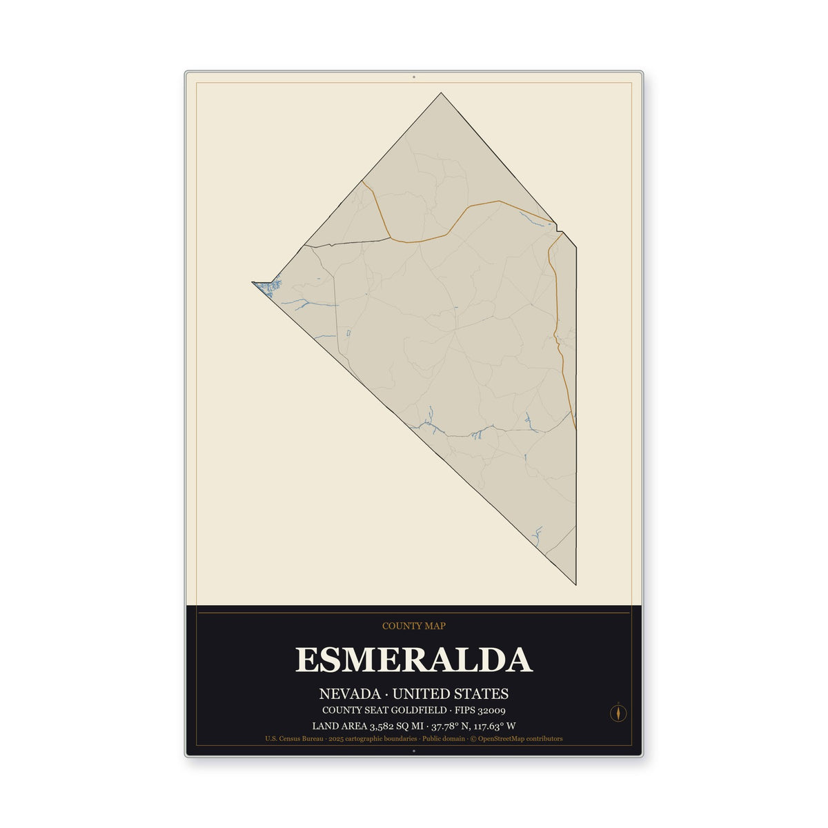 Esmeralda County, Nevada Map Aluminum Sign in Museum Plaque style