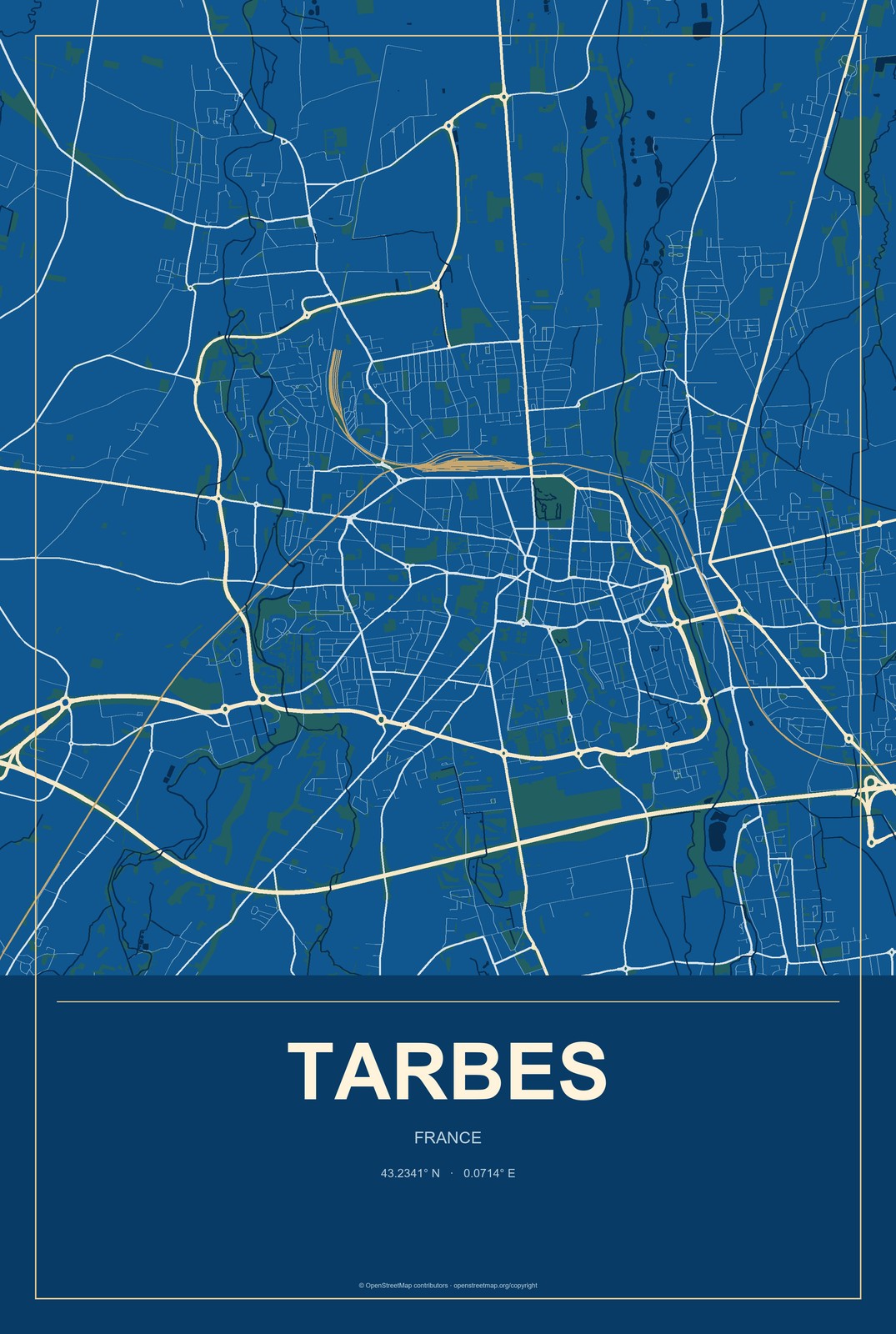 Tarbes, France City Map Aluminum Sign in Harbor Cobalt style