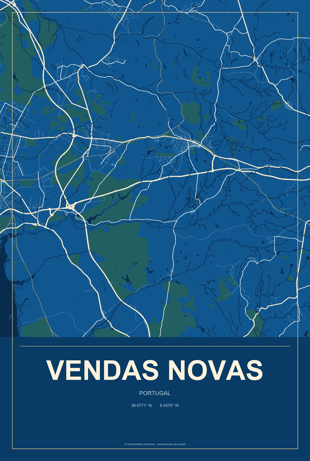 Vendas Novas, Portugal City Map Aluminum Sign in Harbor Cobalt style
