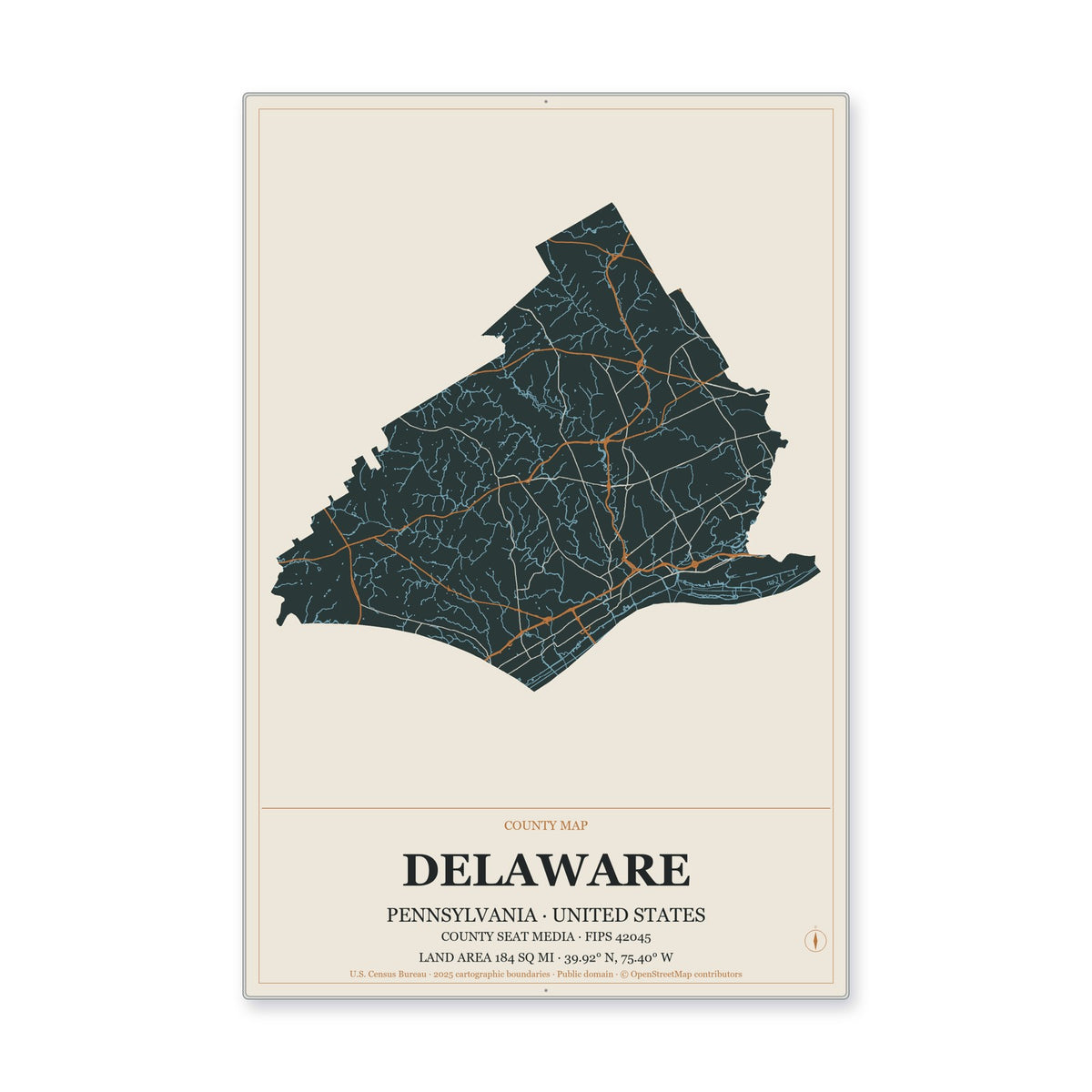Delaware County, Pennsylvania Map Aluminum Sign in Headline Atlas style
