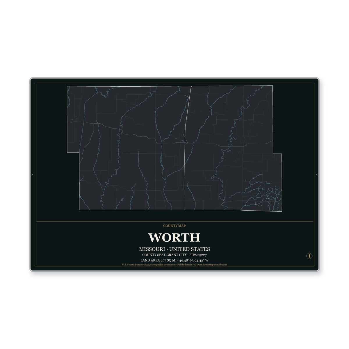 Worth County, Missouri Map Aluminum Sign in Metropolitan Noir style