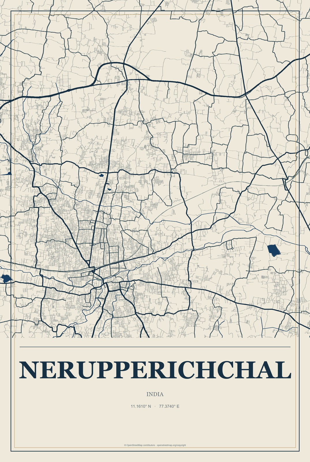Nerupperichchal, India City Map Aluminum Sign in Coastal Cutout style