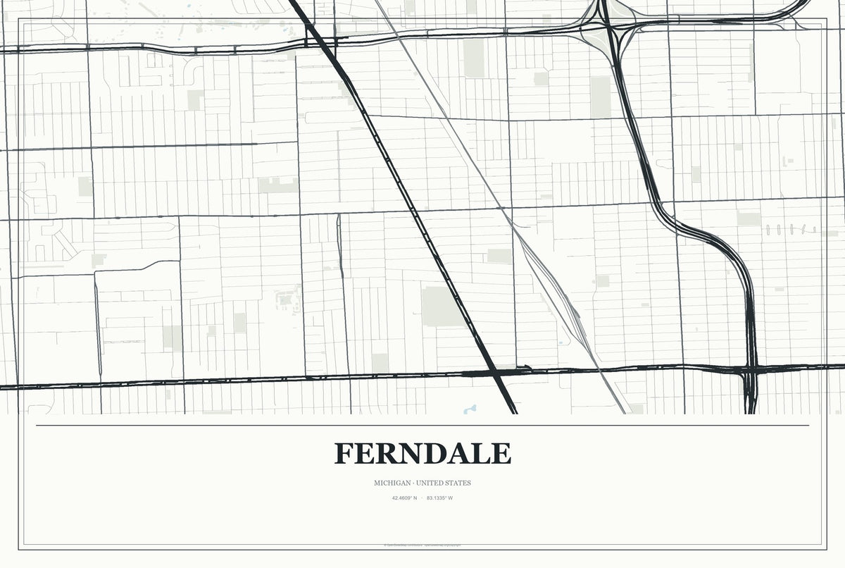 Ferndale, Michigan City Map Aluminum Sign in Gallery Air style
