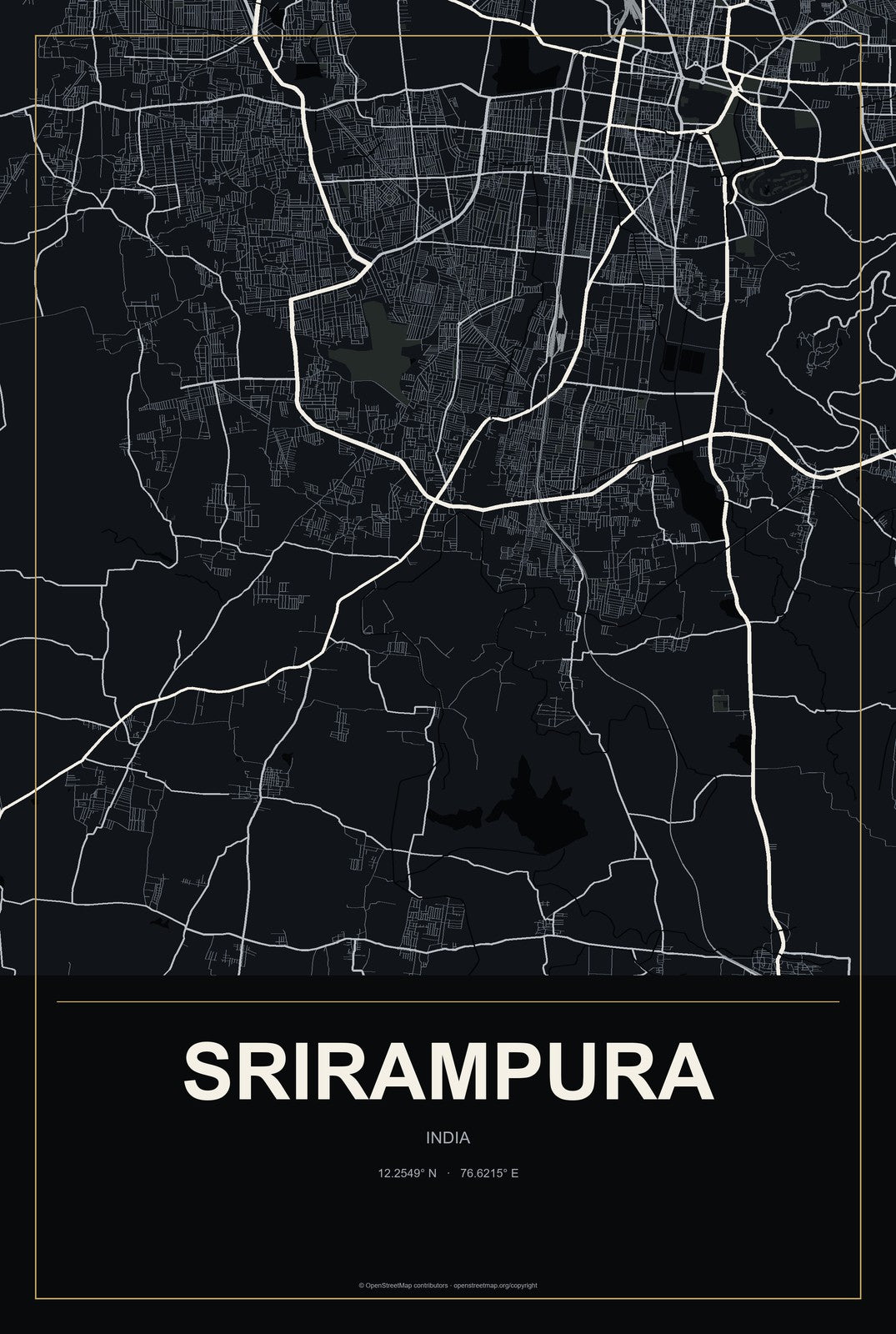 Srirampura, India City Map Aluminum Sign in Metropolitan Noir style