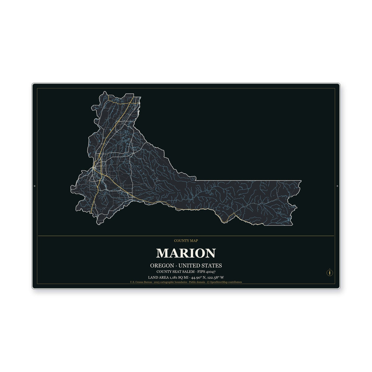 Marion County, Oregon Map Aluminum Sign in Metropolitan Noir style