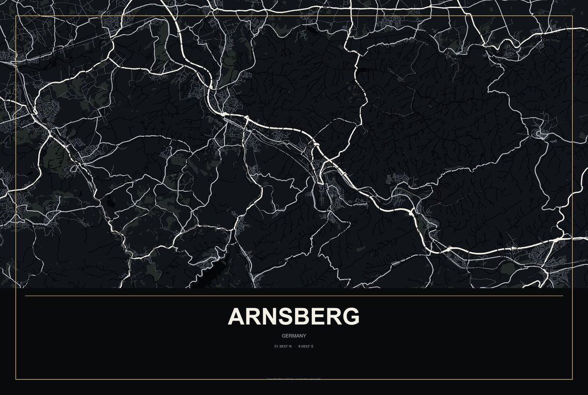 Arnsberg, Germany City Map Aluminum Sign in Metropolitan Noir style