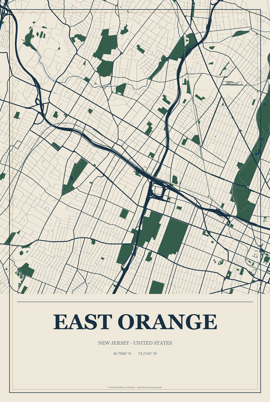 East Orange, New Jersey City Map Aluminum Sign in Coastal Cutout style