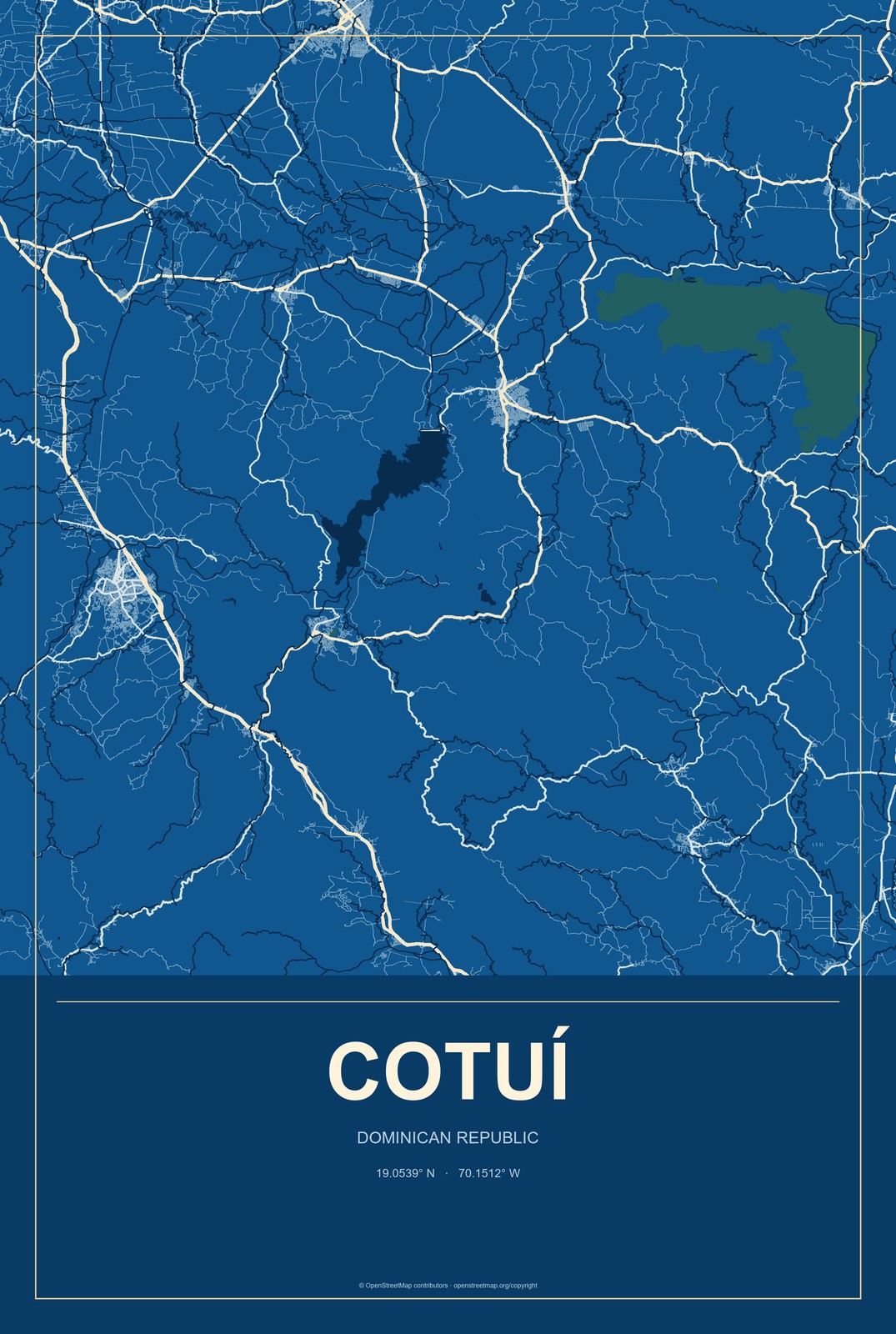 Cotuí, Dominican Republic City Map Aluminum Sign in Harbor Cobalt style
