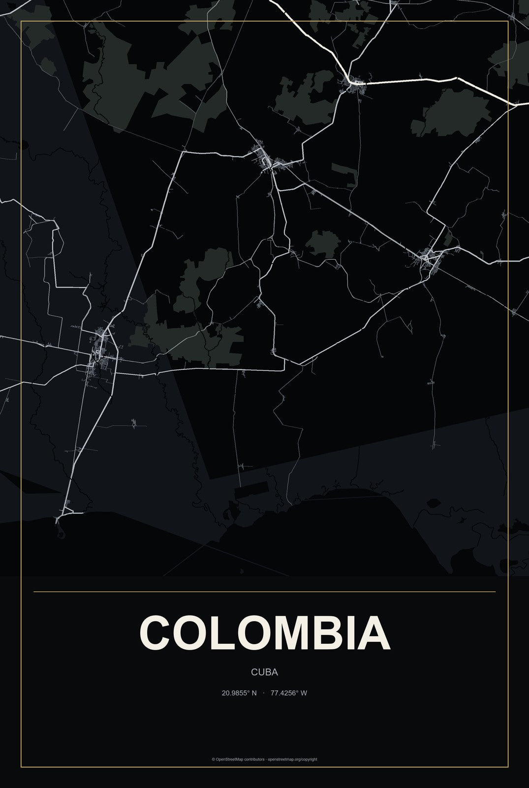 Colombia, Cuba City Map Aluminum Sign in Metropolitan Noir style
