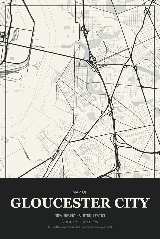 Gloucester City, New Jersey City Map Aluminum Sign in Museum Plaque style
