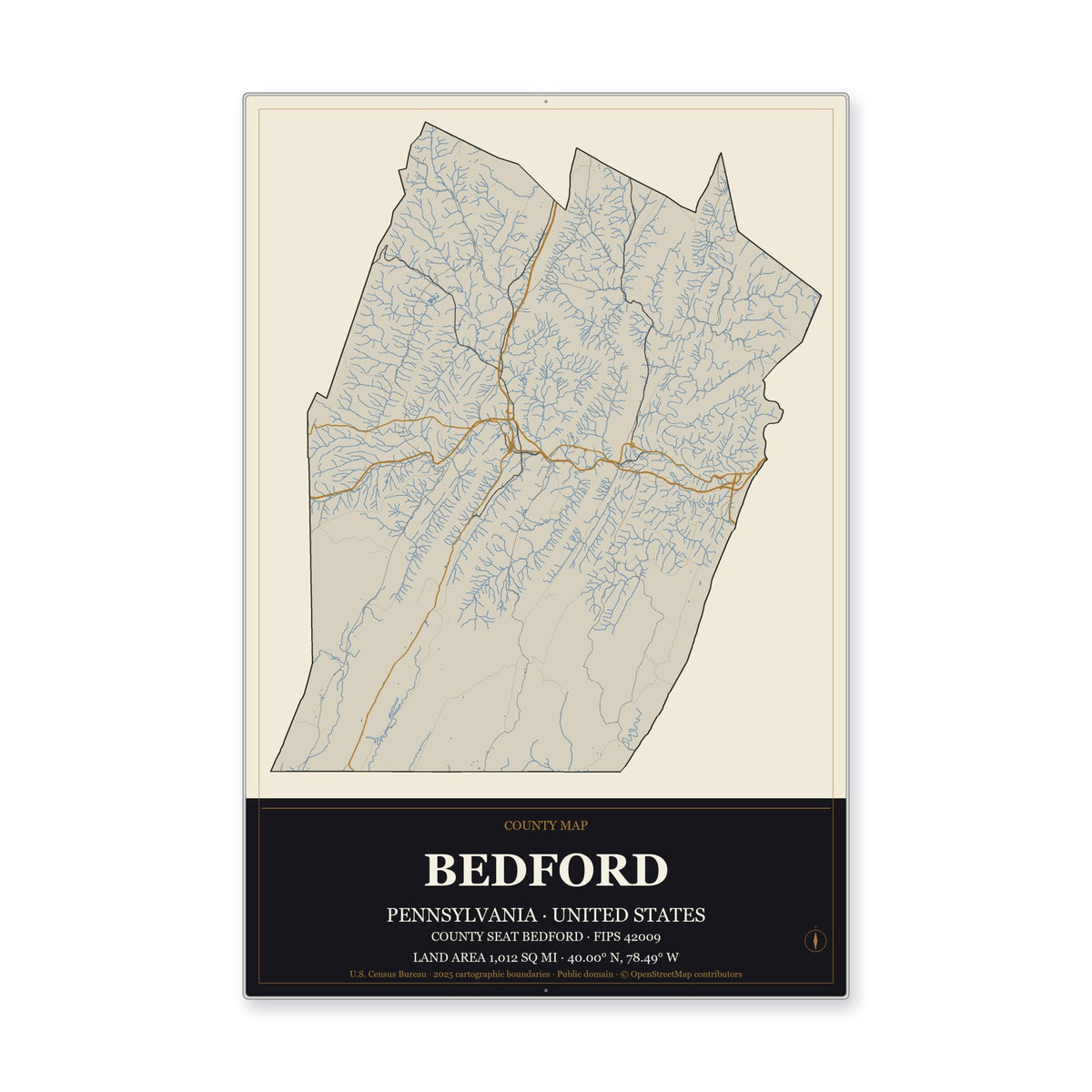 Bedford County, Pennsylvania Map Aluminum Sign in Museum Plaque style