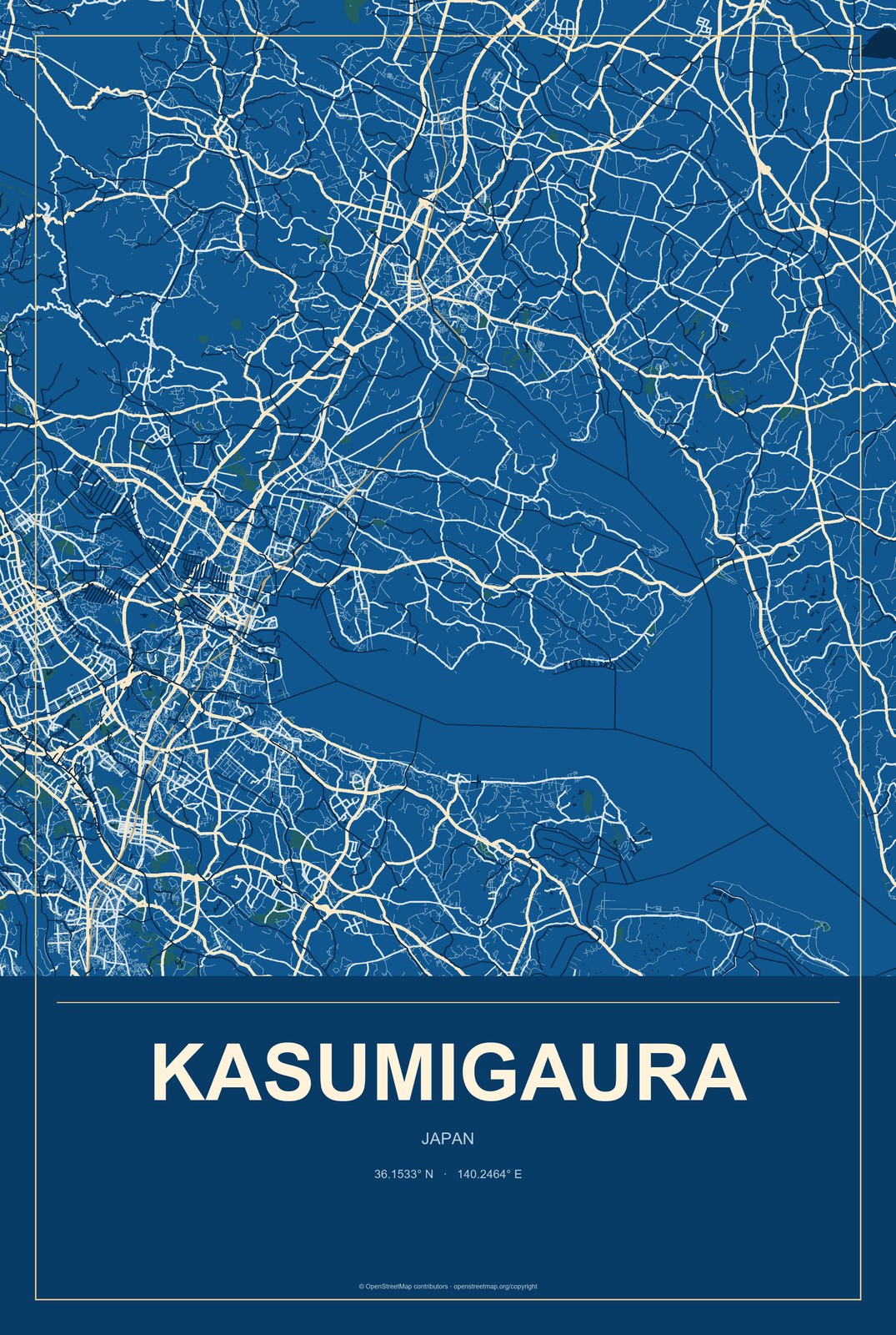 Kasumigaura, Japan City Map Aluminum Sign in Harbor Cobalt style