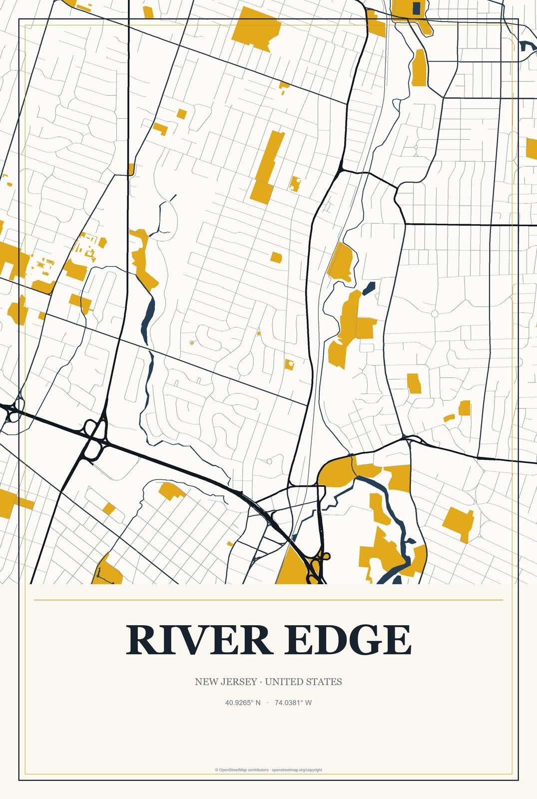 River Edge, New Jersey City Map Aluminum Sign in Citrine Modern style