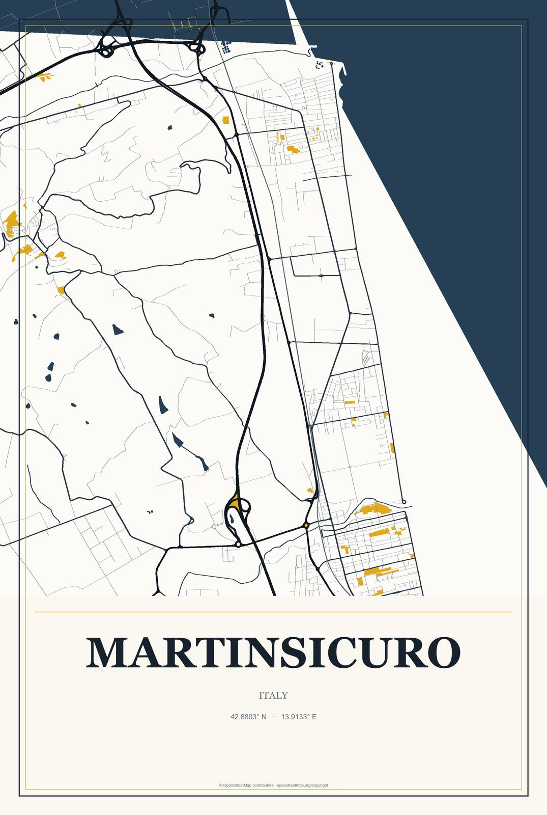 Martinsicuro, Italy City Map Aluminum Sign in Citrine Modern style