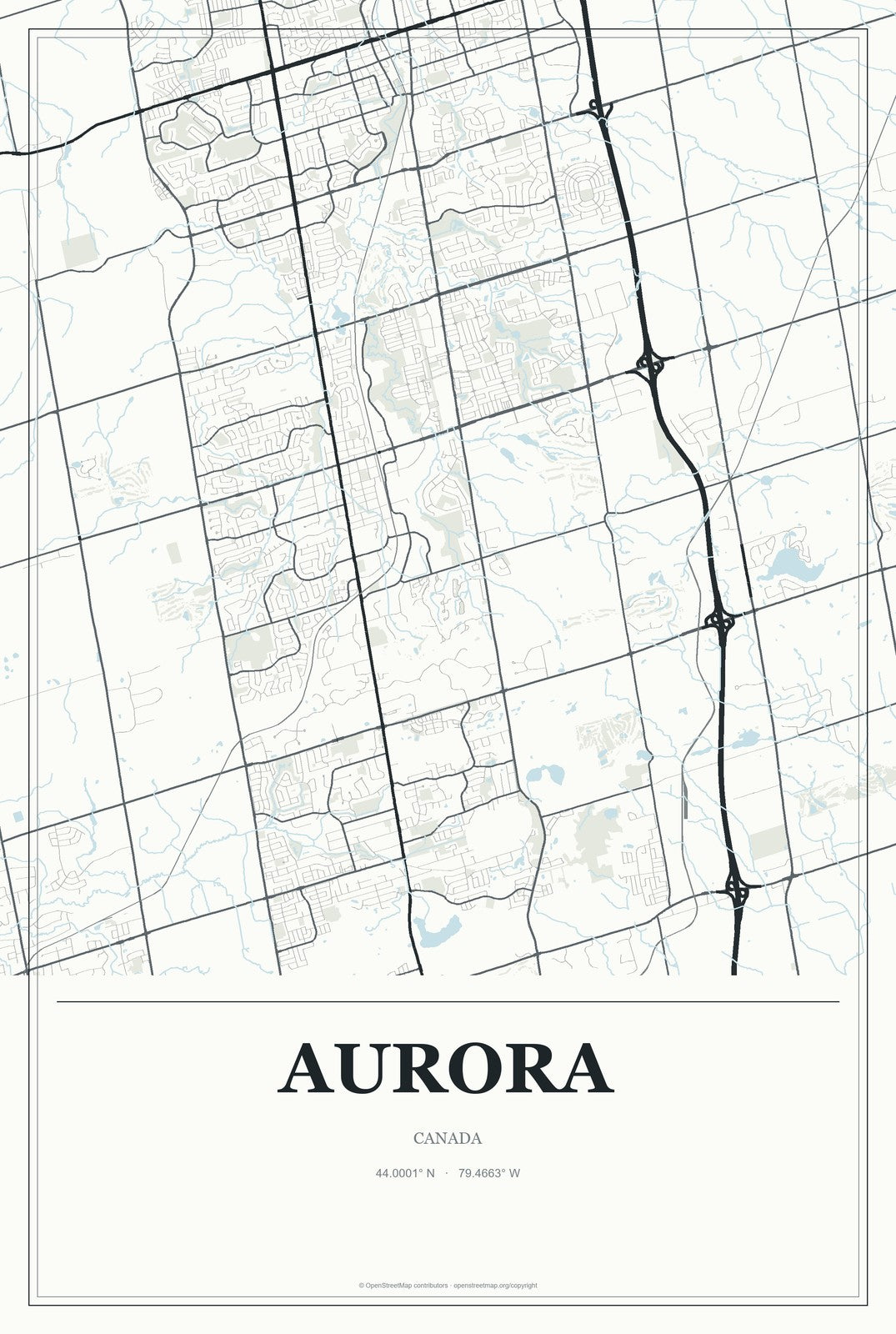 Aurora, Canada City Map Aluminum Sign in Gallery Air style