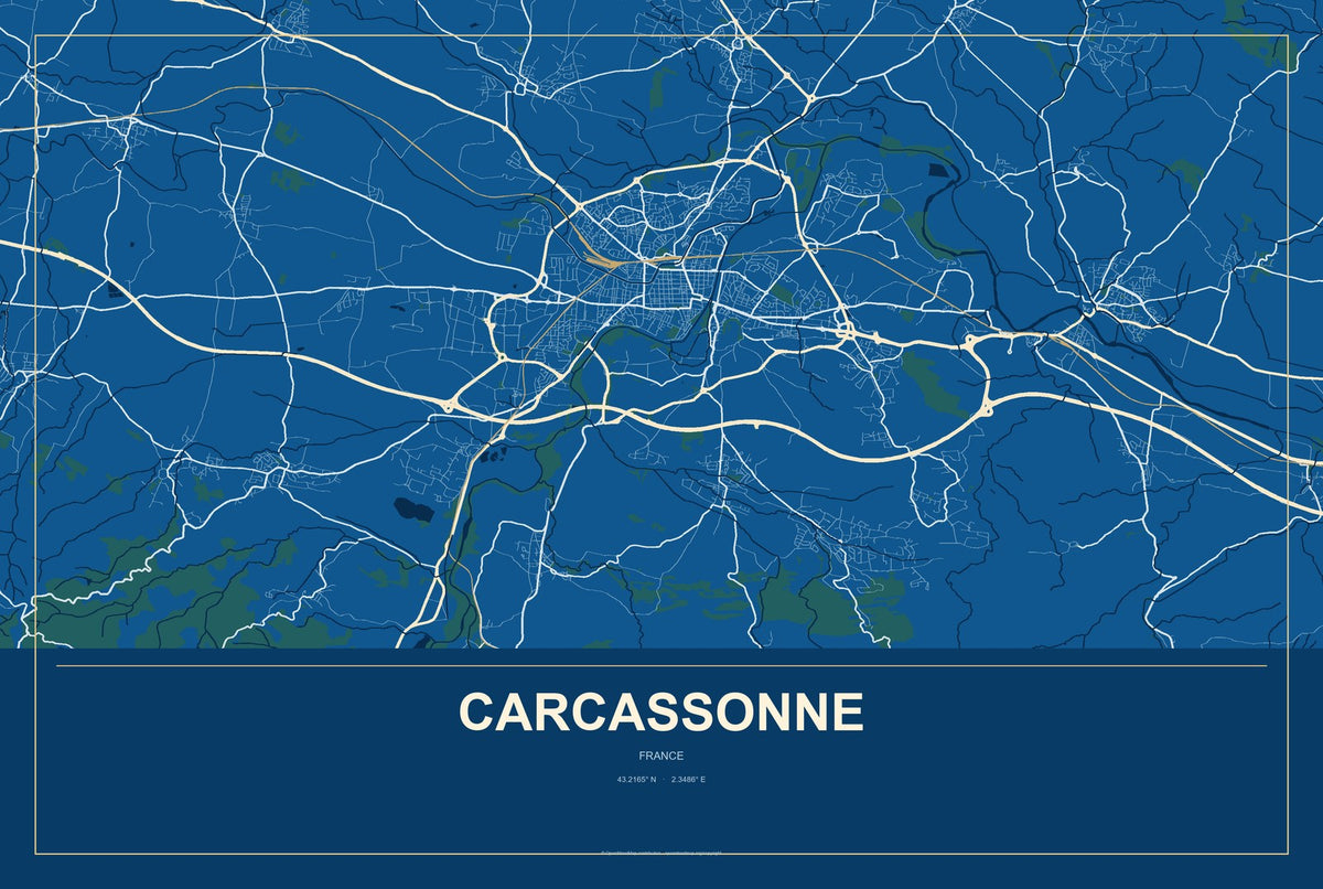 Carcassonne, France City Map Aluminum Sign in Harbor Cobalt style