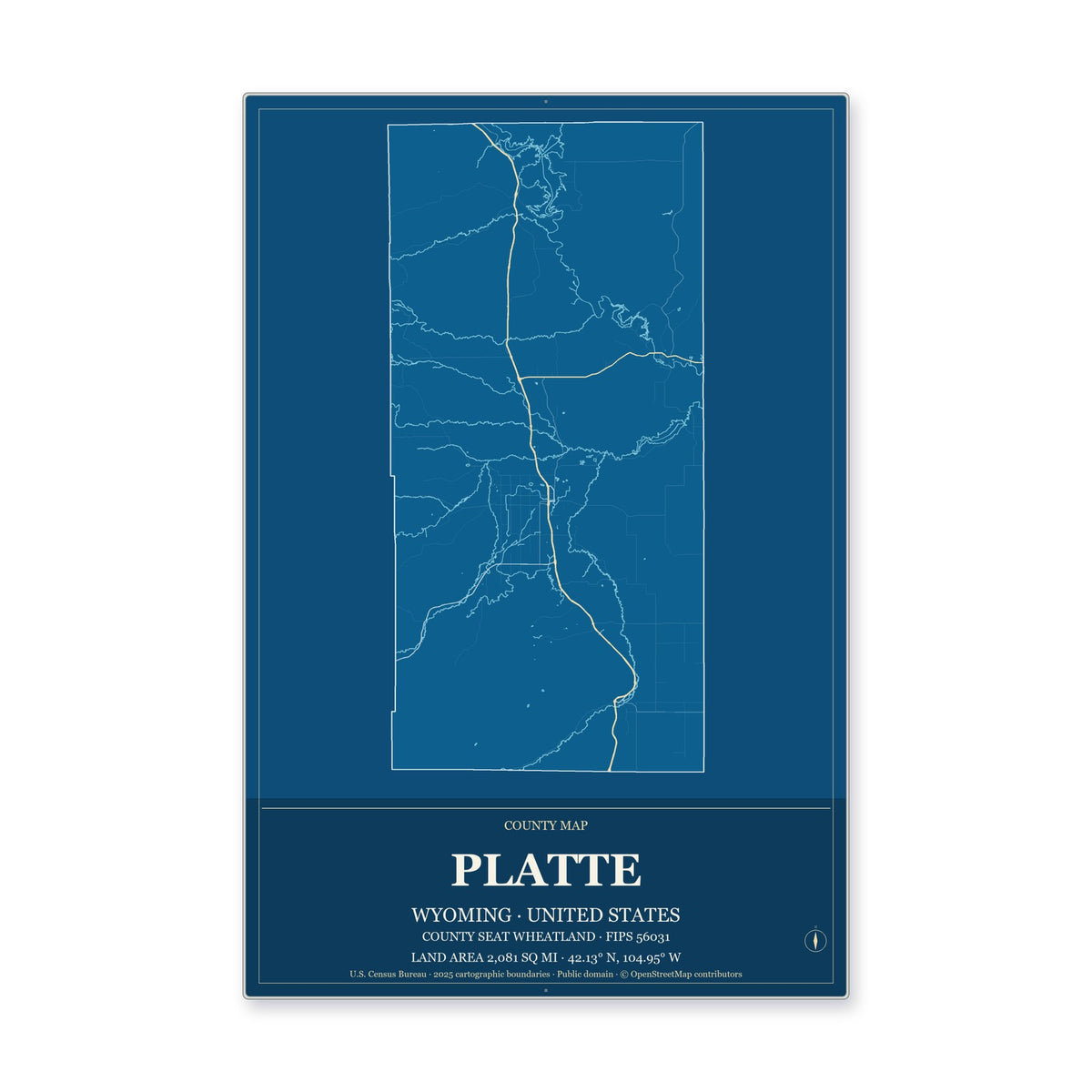 Platte County, Wyoming Map Aluminum Sign in Harbor Cobalt style