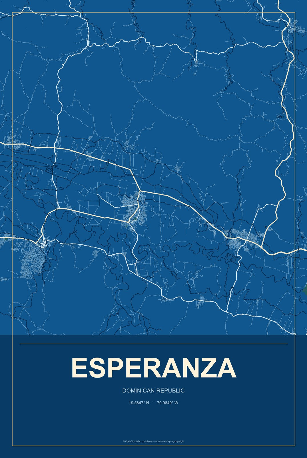 Esperanza, Dominican Republic City Map Aluminum Sign in Harbor Cobalt style