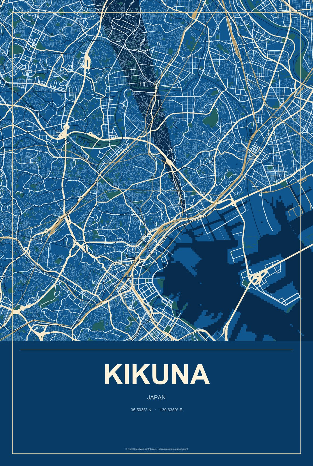 Kikuna, Japan City Map Aluminum Sign in Harbor Cobalt style