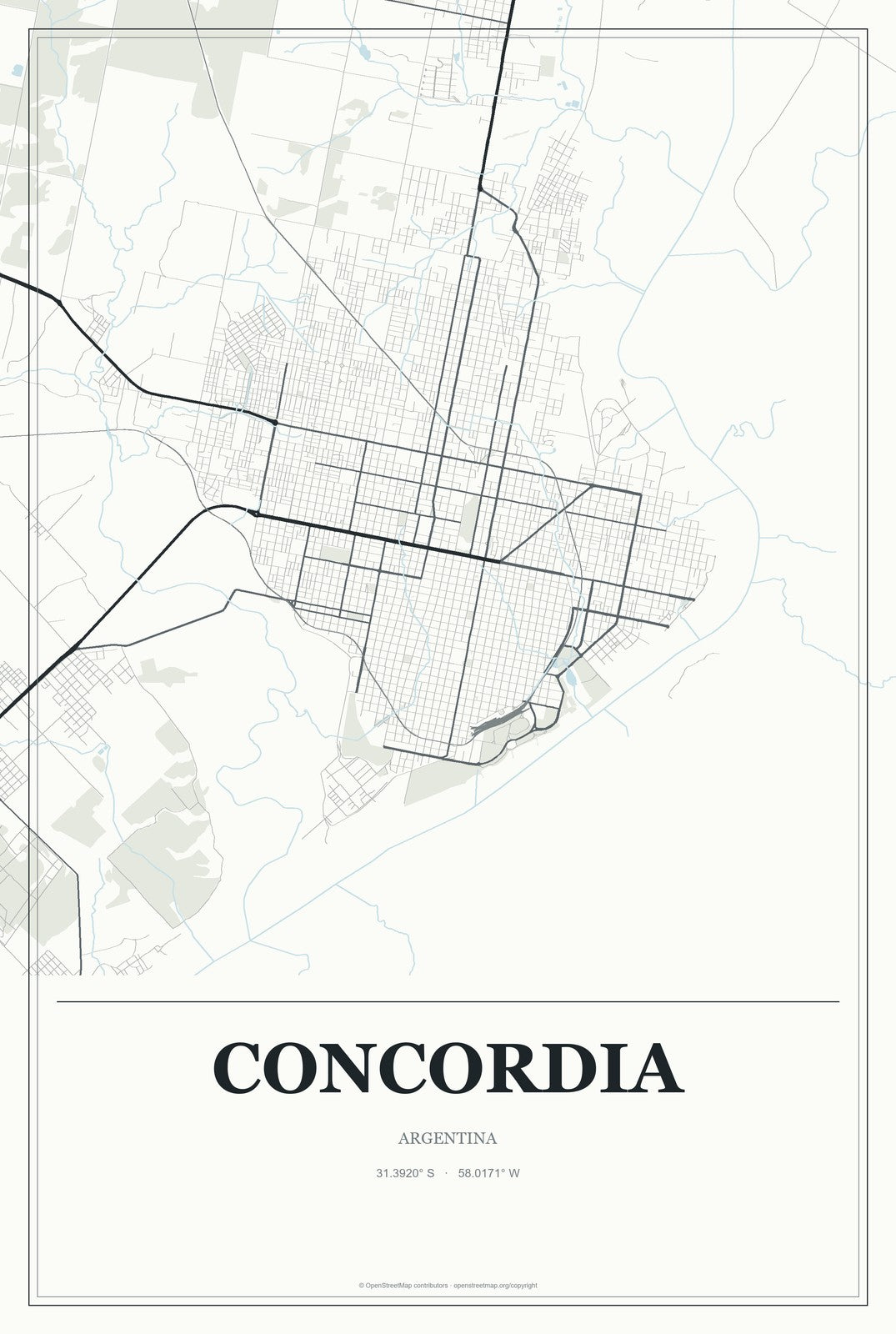 Concordia, Argentina City Map Aluminum Sign in Gallery Air style