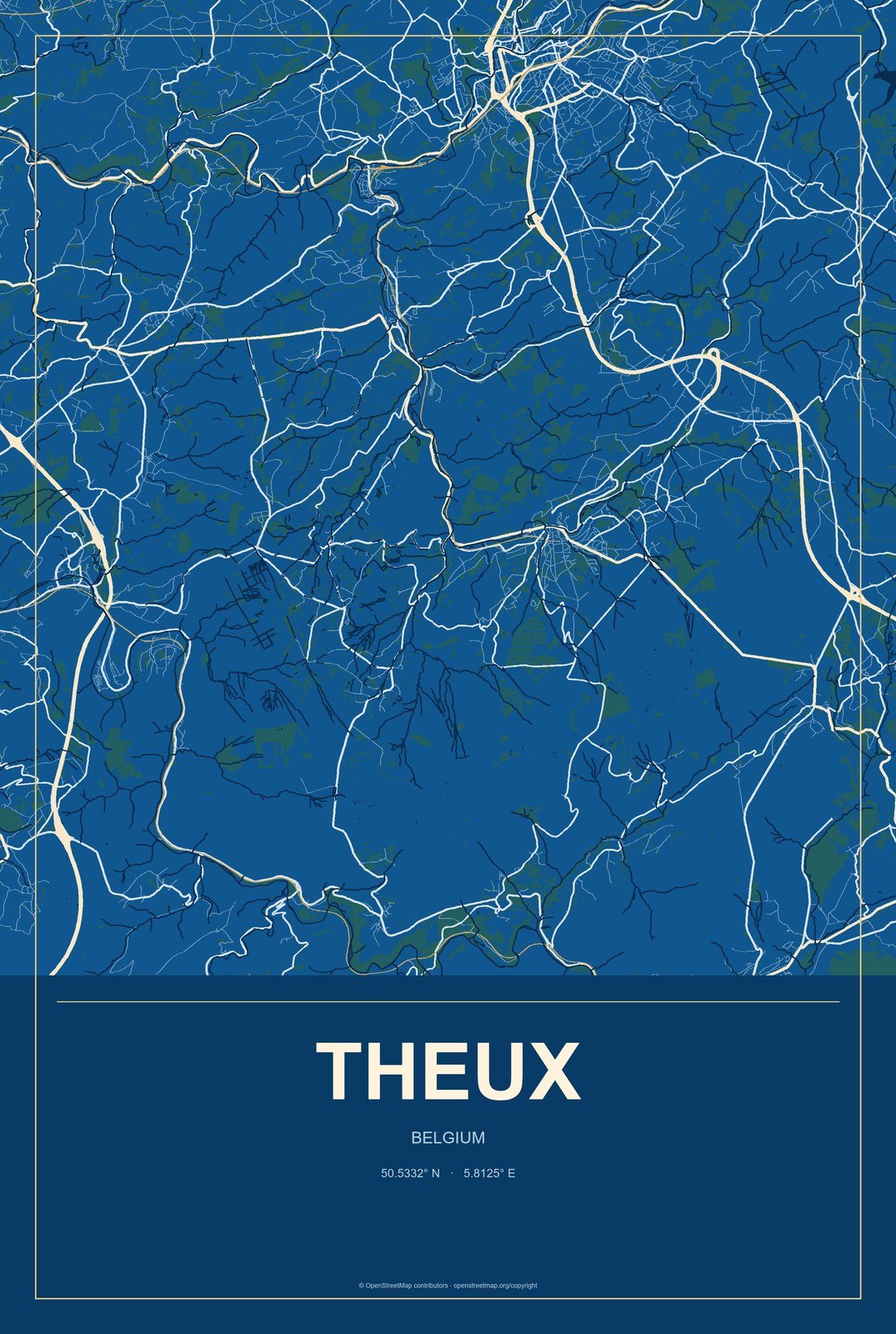 Theux, Belgium City Map Aluminum Sign in Harbor Cobalt style