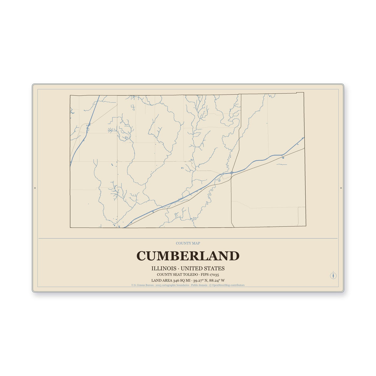 Cumberland County, Illinois Map Aluminum Sign in Heritage Nautical style