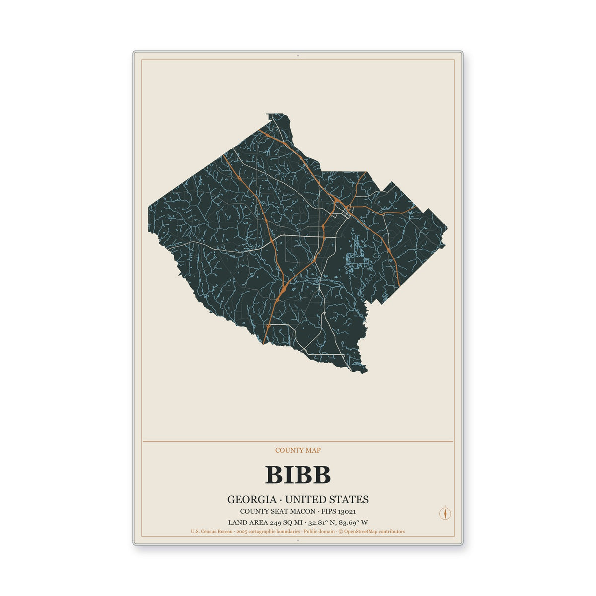 Bibb County, Georgia Map Aluminum Sign in Headline Atlas style