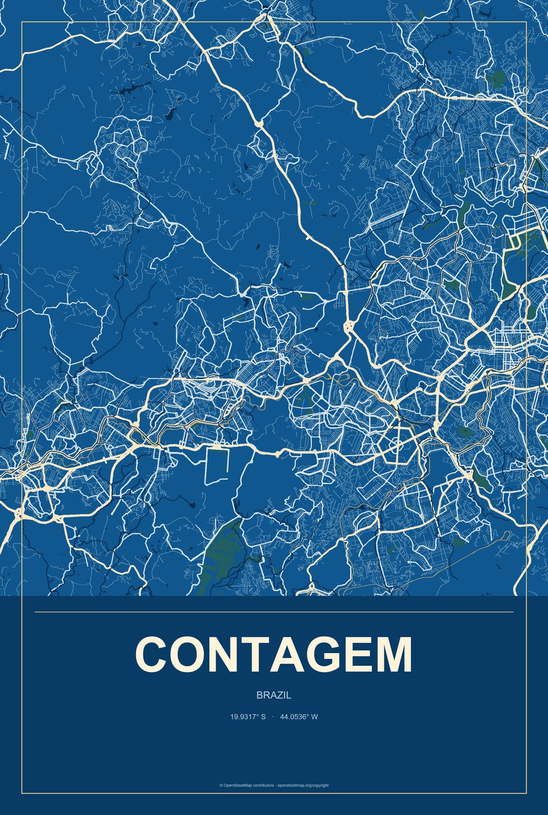 Contagem, Brazil City Map Aluminum Sign in Harbor Cobalt style