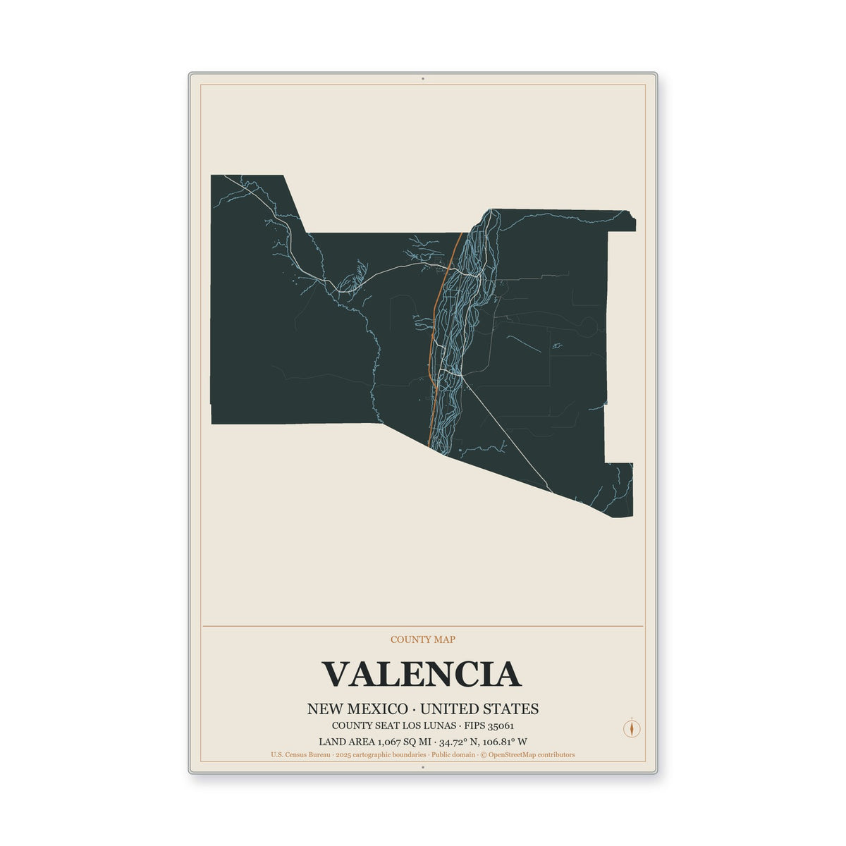 Valencia County, New Mexico Map Aluminum Sign in Headline Atlas style