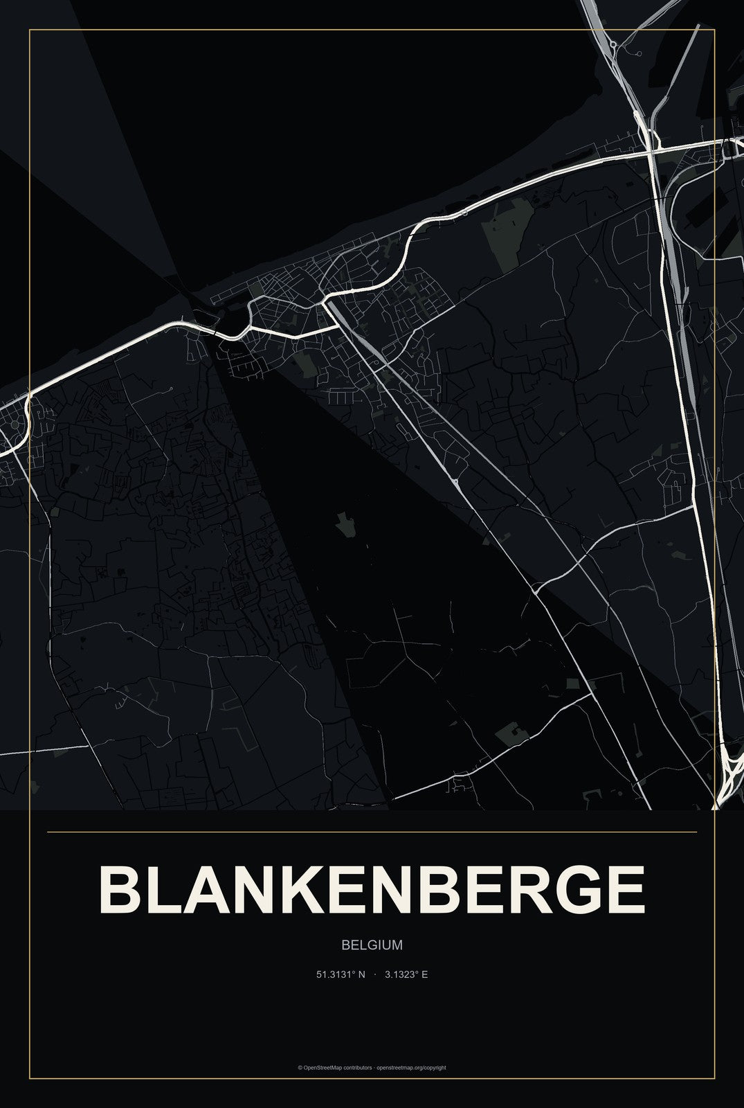 Blankenberge, Belgium City Map Aluminum Sign in Metropolitan Noir style