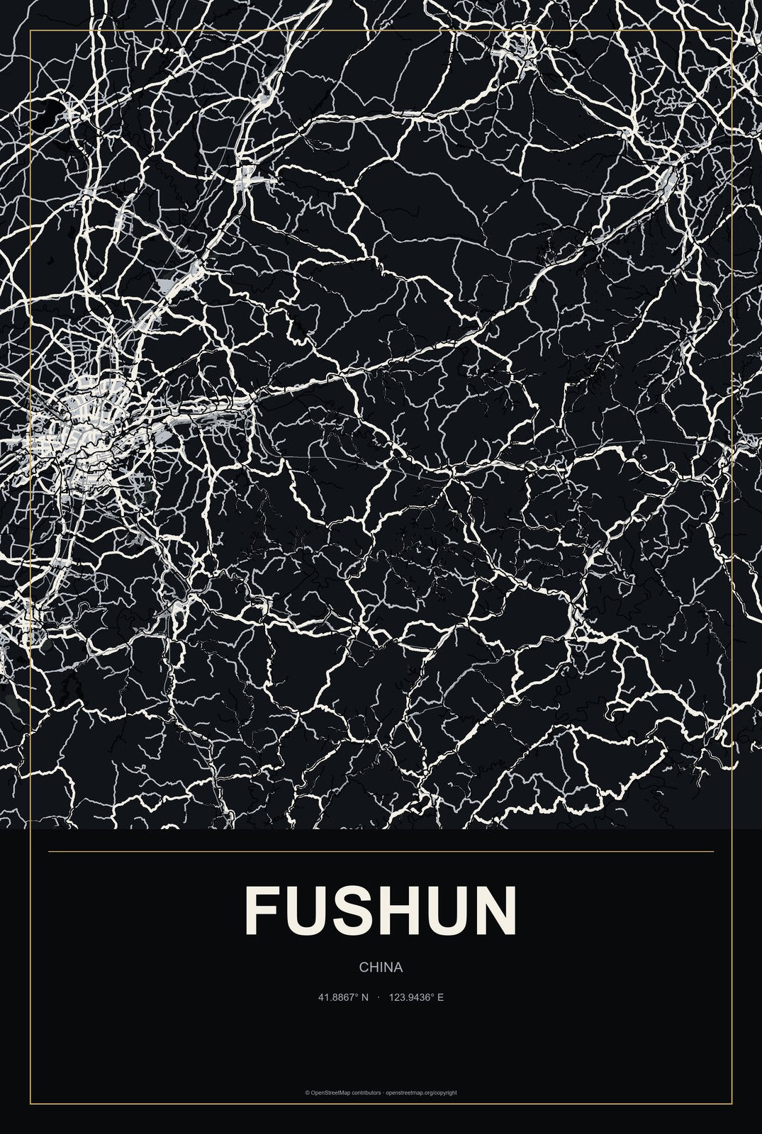 Fushun, China City Map Aluminum Sign in Metropolitan Noir style