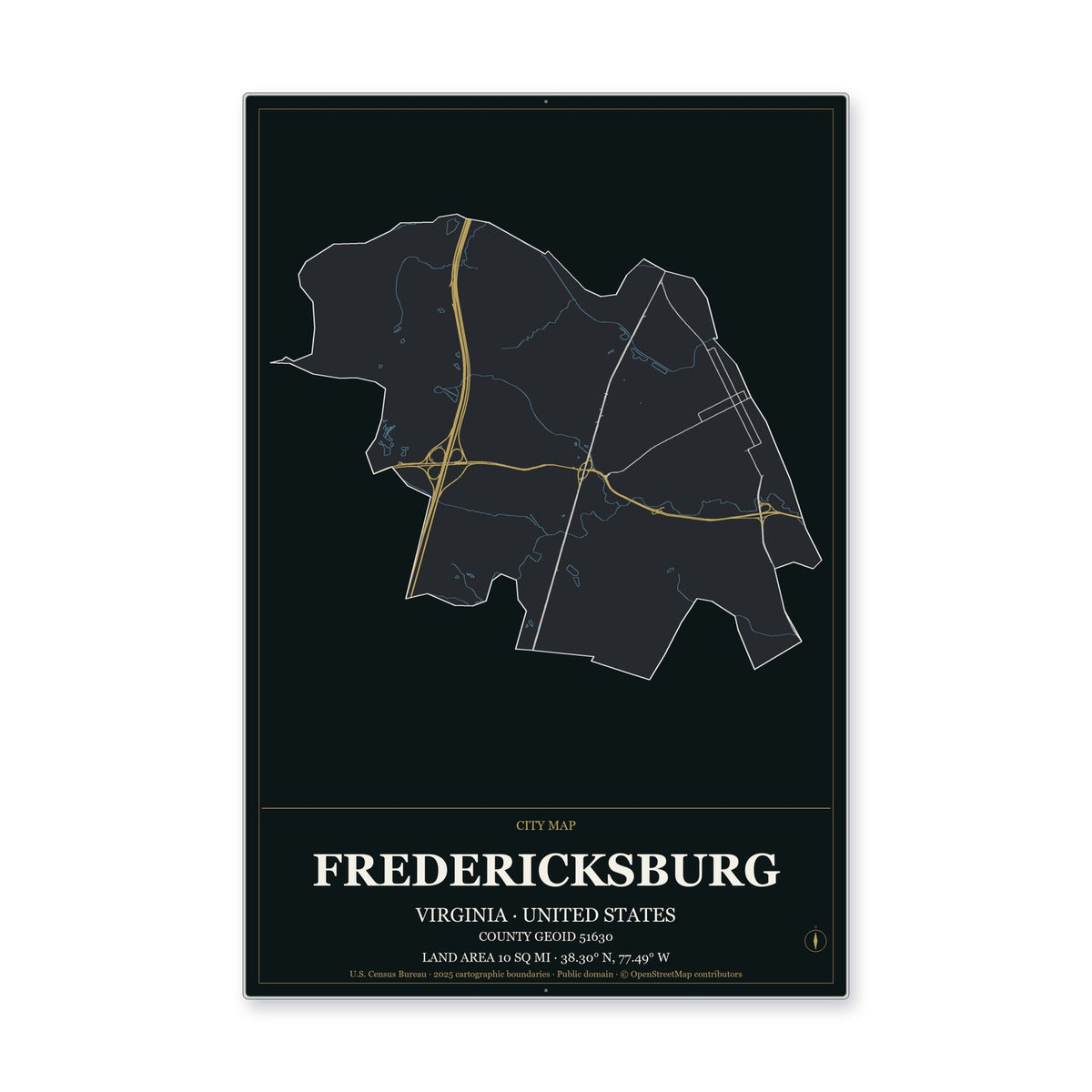 Fredericksburg city, Virginia Map Aluminum Sign in Metropolitan Noir style