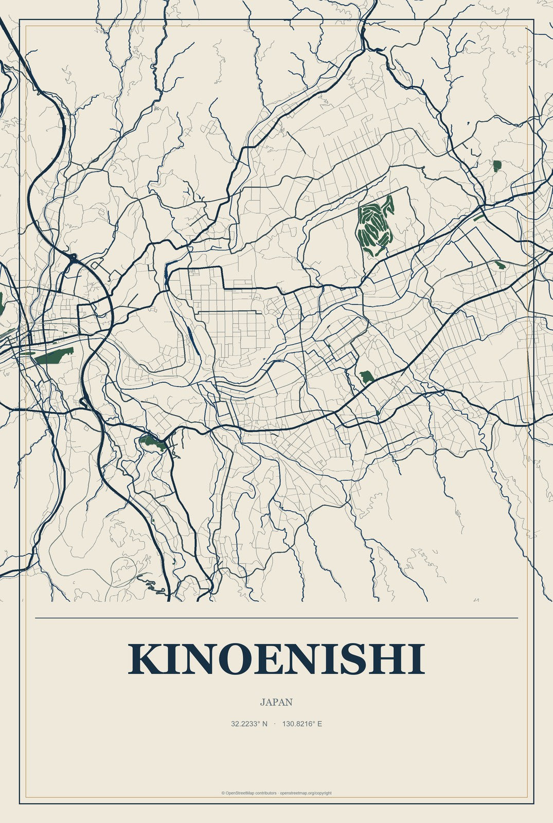 Kinoenishi, Japan City Map Aluminum Sign in Coastal Cutout style