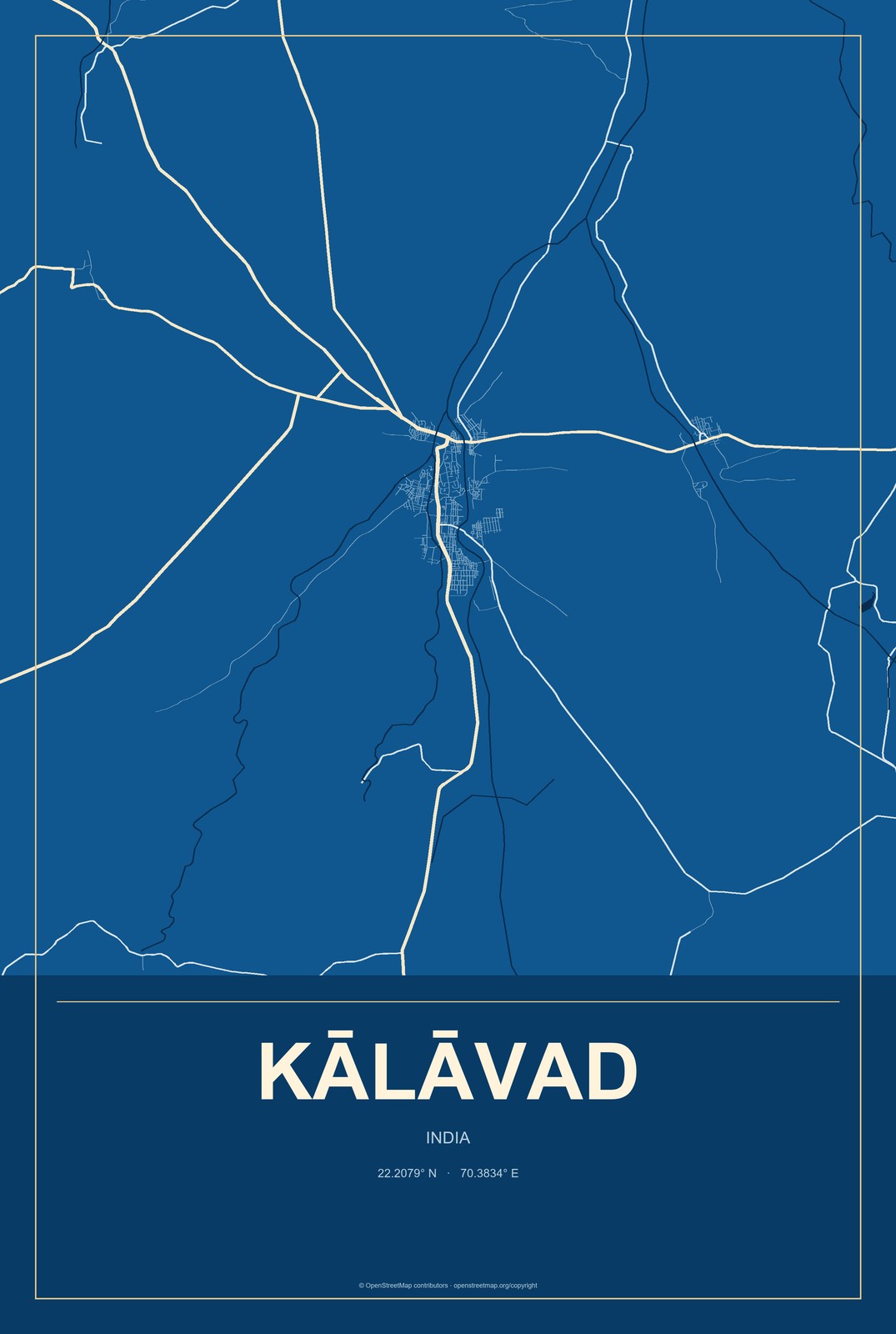 Kālāvad, India City Map Aluminum Sign in Harbor Cobalt style