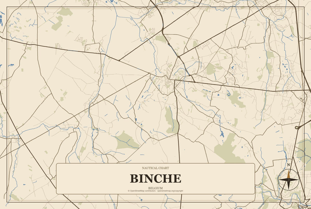 Binche, Belgium City Map Aluminum Sign in Heritage Nautical style